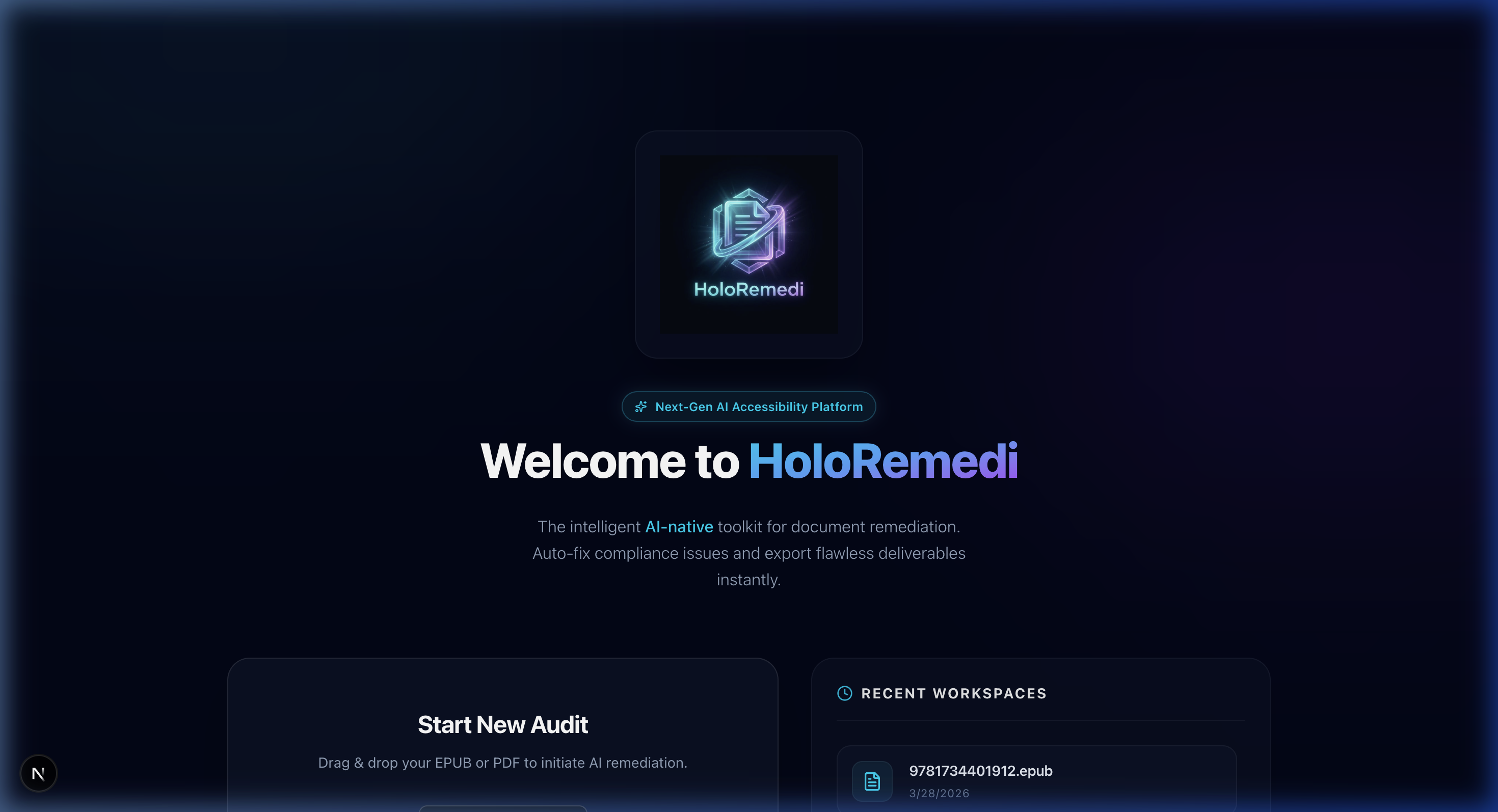 HoloRemedi welcome screen — the AI-native accessibility platform