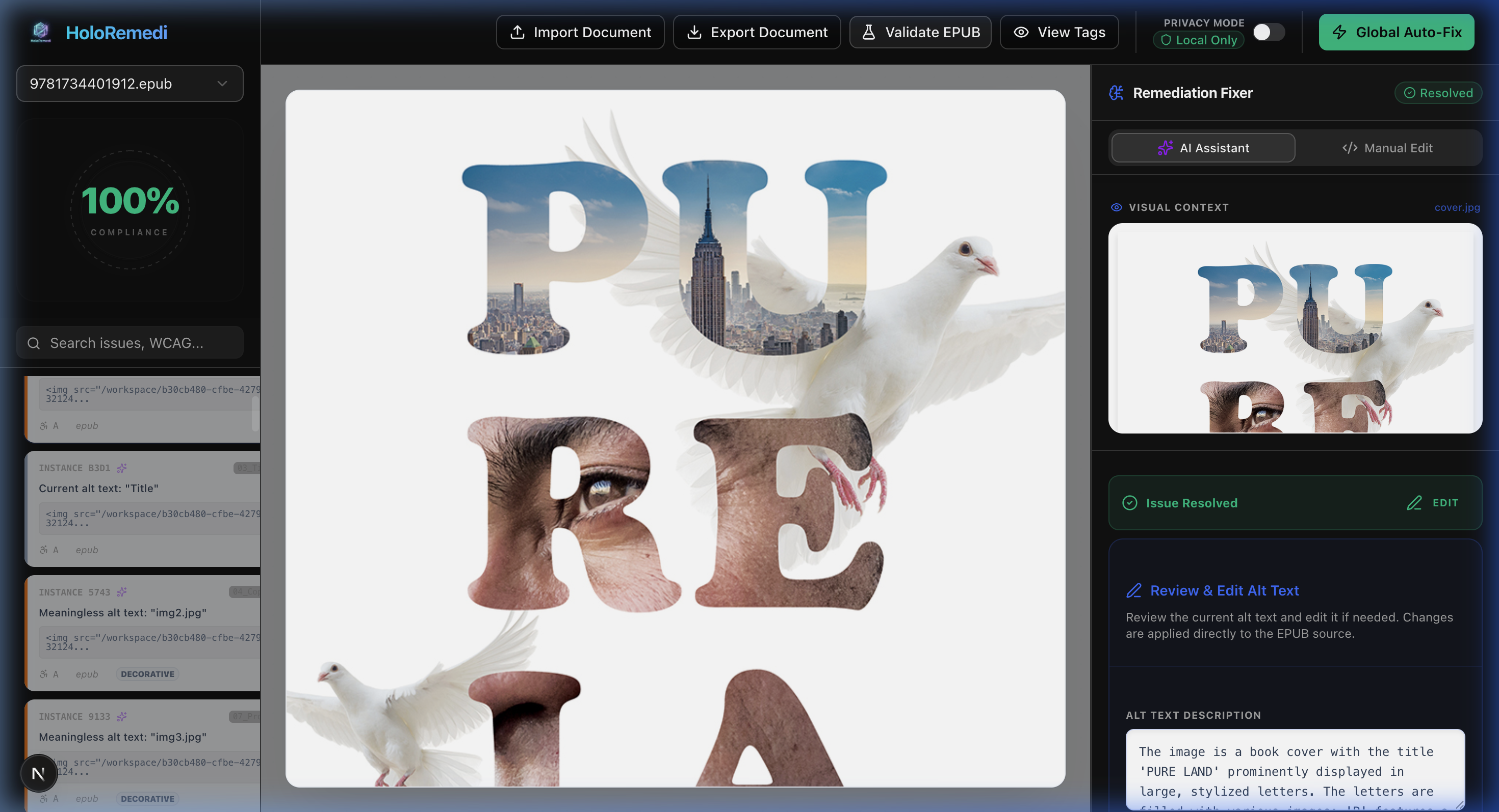HoloRemedi AI remediation interface showing live EPUB document preview with compliance issue panel and AI assistant